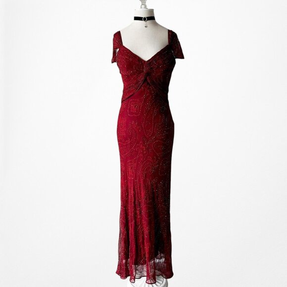Vintage Red Beaded Fit Flared Silk Bodycon Maxi Prom Scarf Dress Size S/M - Picture 4 of 11